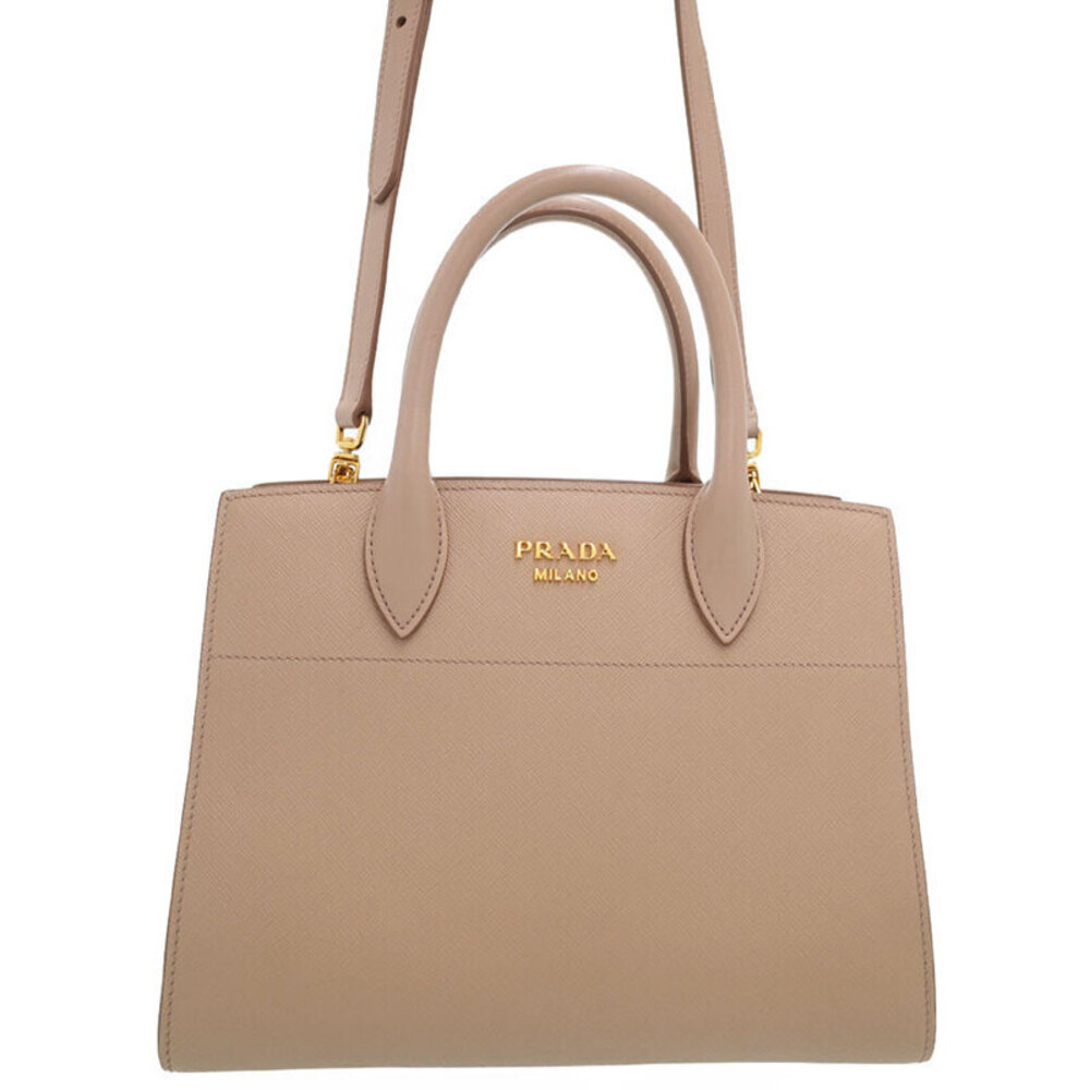Prada Bibliotheque Tote Saffiano leather rolled handles Beige Pink